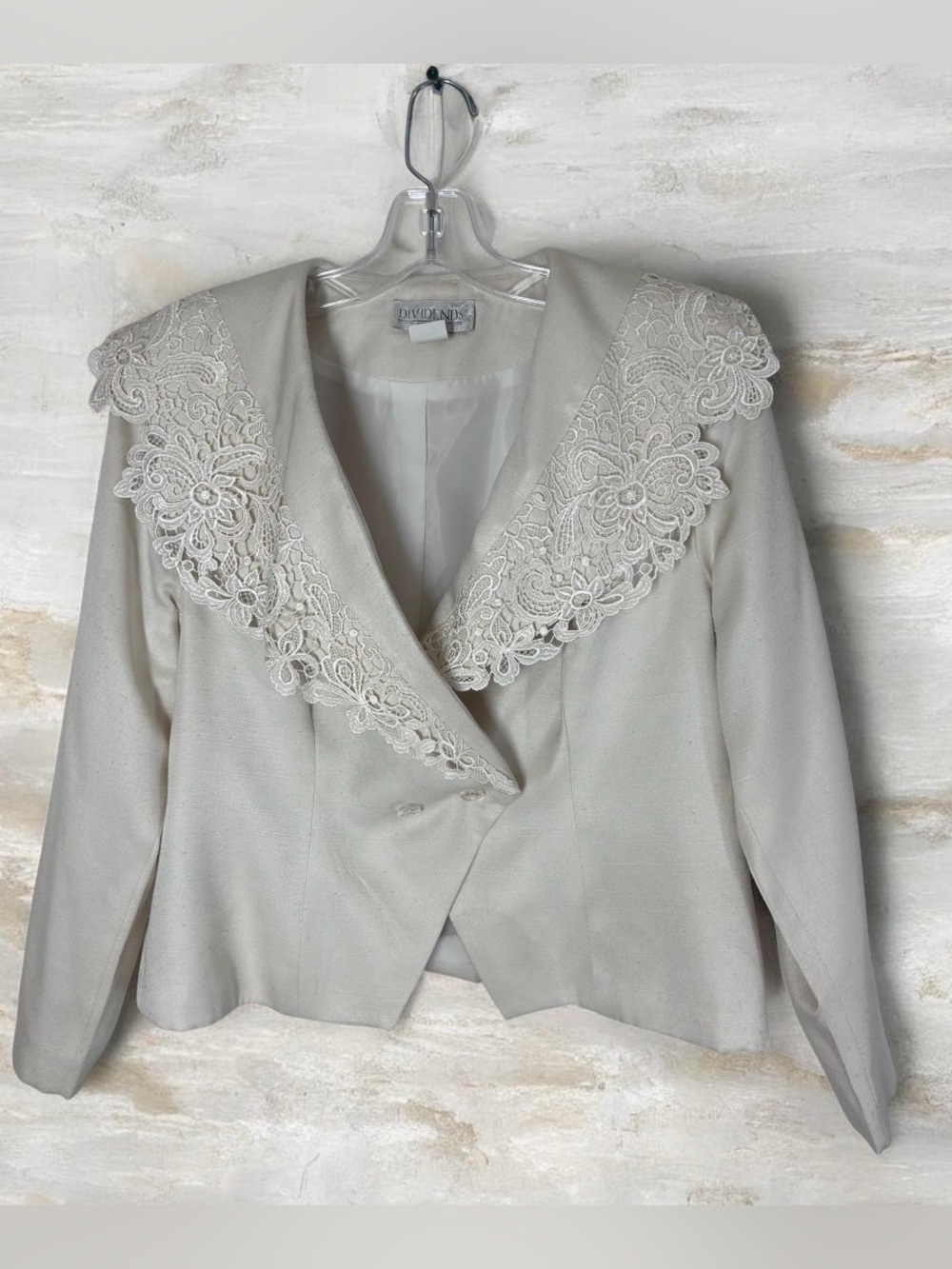 Vintage Dividends Cream Lace Collar Blazer Jacket Size 12 Petite